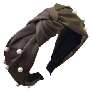 Opaska turban z materiału gruba perełki khaki O227BR