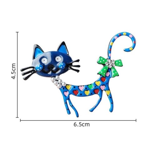Broszka ozdobna niebieski KOT w serca z kokardą BZ149
