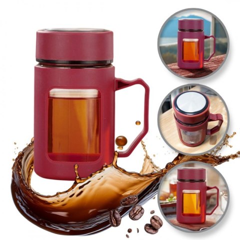 Kubek bidon ze szkła na Kawę Herbatę z uchwytem czerwony 500 ML CUP18CZE Kubek bidon ze szkła na Kawę Herbatę z uchwytem czerwony 500 ML CUP18CZE