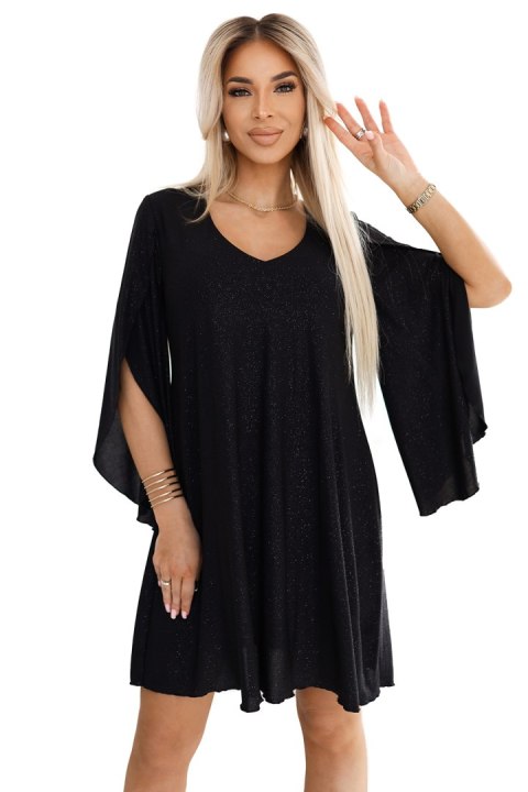 597-1 LIVIA Elegancka trapezowa sukienka z rękawami typu motyl - czarna z brokatem 597-1 LIVIA Elegancka trapezowa sukienka z rękawami typu motyl - czarna z brokatem
