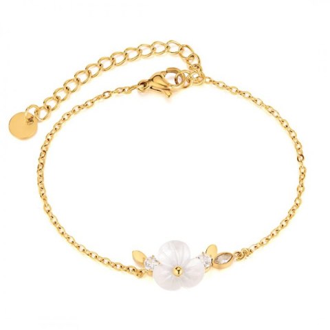 Bransoletka na rękę stal chirurgiczna pozłacana 14k złotem, biały kwiat, cyrkonia BST1516 Bransoletka na rękę stal chirurgiczna pozłacana 14k złotem, biały kwiat, cyrkonia BST1516