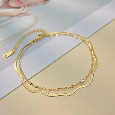 Bransoletka na rękę stal chirurgiczna pozłacana 14k złotem, podwójna, żyłka cyrkonie BST1513 Bransoletka na rękę stal chirurgiczna pozłacana 14k złotem, podwójna, żyłka cyrkonie BST1513