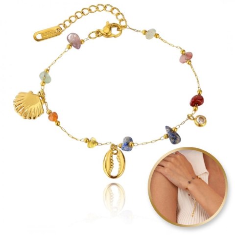Bransoletka na rękę stal chirurgiczna pozłacana 14k złotem, MUSZELKI kamienie BST1514 Bransoletka na rękę stal chirurgiczna pozłacana 14k złotem, MUSZELKI kamienie BST1514