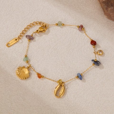 Bransoletka na rękę stal chirurgiczna pozłacana 14k złotem, MUSZELKI kamienie BST1514 Bransoletka na rękę stal chirurgiczna pozłacana 14k złotem, MUSZELKI kamienie BST1514